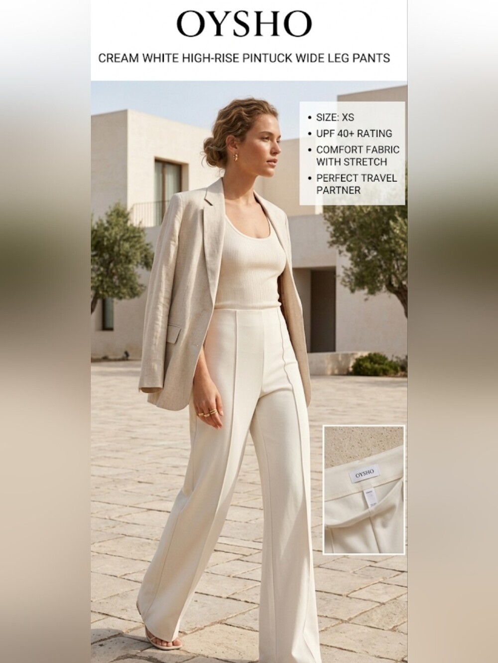 OYSHO Cream White High Rise Pintuck Wide Leg Pants Size XS UPF 40+ Comfort